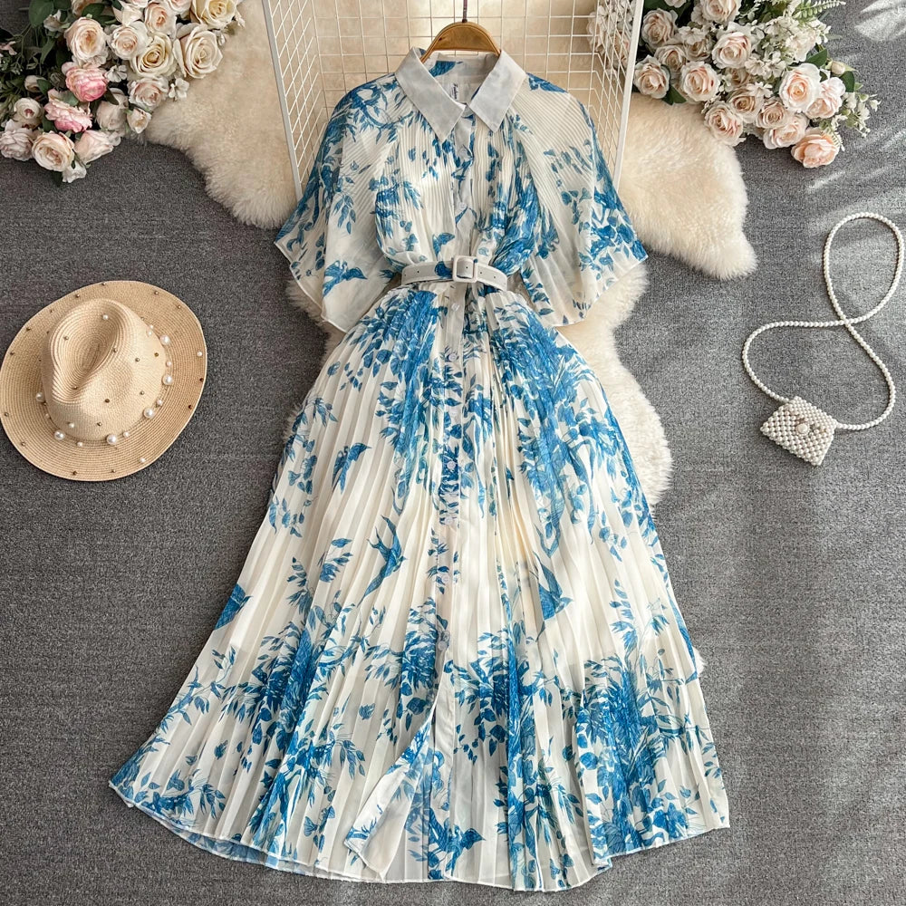 Pleated Casual Dresses Retro Short Sleeves a Line Single Breasted Waist Belt Dress Celebrity Flower Printing Women Clothes