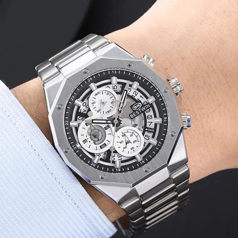 Original BESTWIN Men's Wrist Watches 2026 Top Brand Luxury Stainless Steel Chronograph Gold Men Quartz Watches for Male Clock Dropship