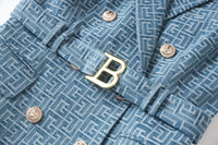 Summer Vintage Style Geometric Pattern Lady Notched Sleeveless Cloth Women Slim Office Double-breasted Blazer Dress With Belt