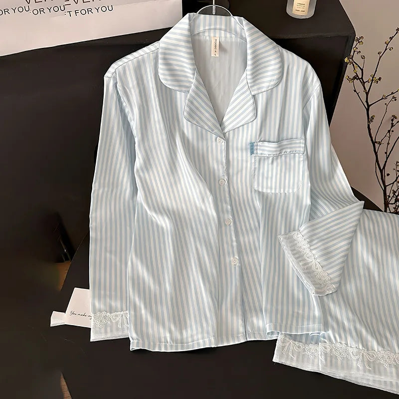 2025 New Breathable Satin Pajamas Women's Striped Long-Sleeved Cardigan Casual Pants Autumn Home Clothes Front for Summer