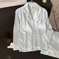 2025 New Breathable Satin Pajamas Women's Striped Long-Sleeved Cardigan Casual Pants Autumn Home Clothes Front for Summer