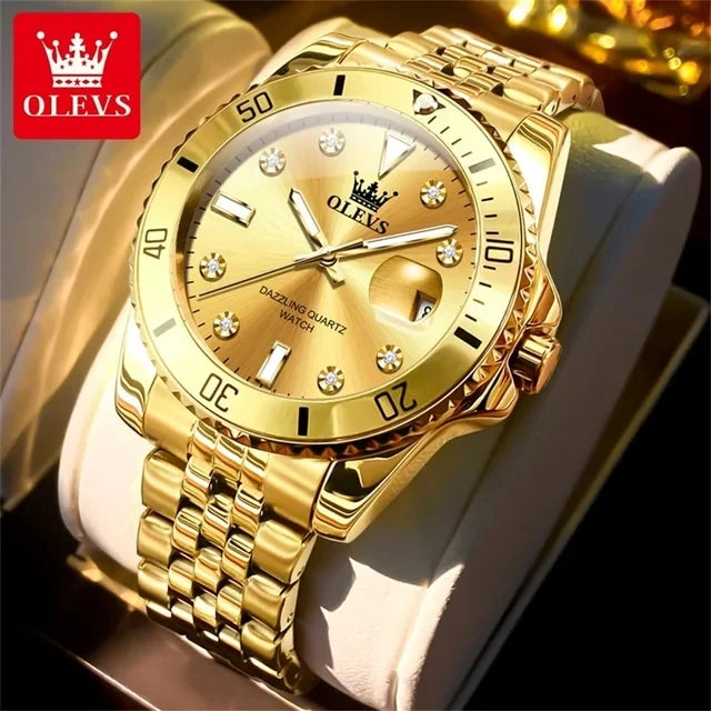 OLEVS 9809 Men's Fashion Business Stainless Steel Green Dial Calendar Display Auto Date Display Watch Charm Quartz Wrist Watches