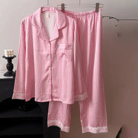 2025 New Breathable Satin Pajamas Women's Striped Long-Sleeved Cardigan Casual Pants Autumn Home Clothes Front for Summer