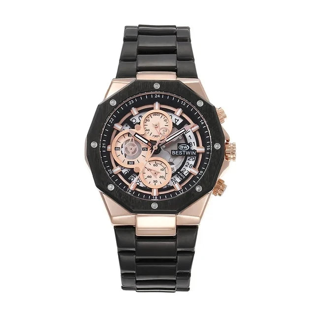Original BESTWIN Men's Wrist Watches 2026 Top Brand Luxury Stainless Steel Chronograph Gold Men Quartz Watches for Male Clock Dropship