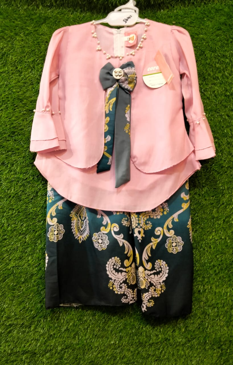 Stylish Girls' Pink Top with Printed Palazzo Set Elegant Ethnic Wear with Bow & Pearl Detailing | Festive & Party Outfit