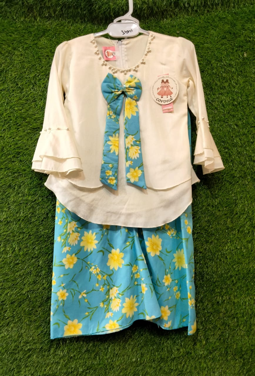 Girls Cream Top and Blue Floral Skirt Set Elegant Pearl Detail, Bell Sleeves & Bow Accent | Summer Party Wear