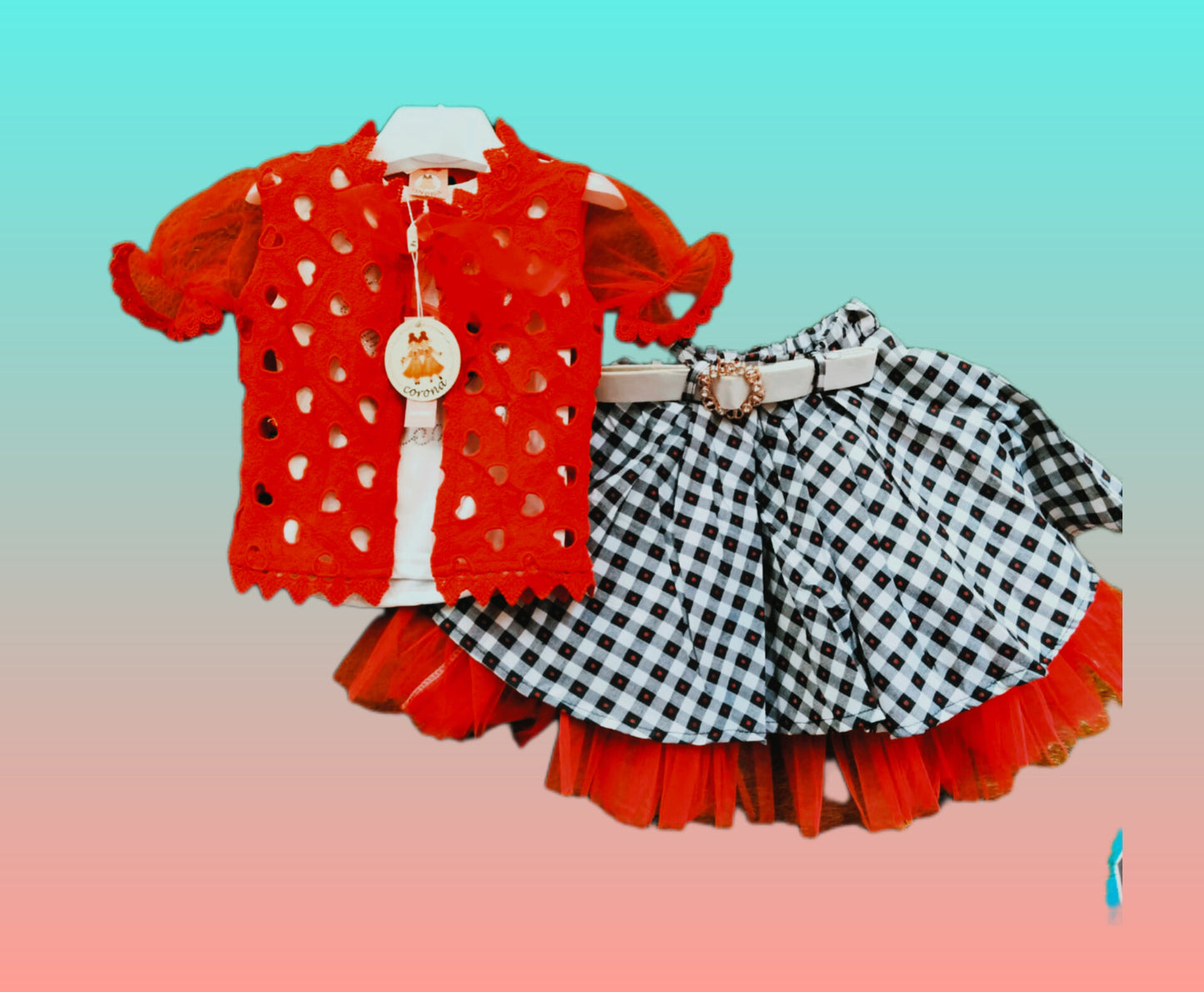 Girls Red Lace Top and Gingham Skirt Set with Tulle Trim – Stylish Party Wear for Ages 14–24