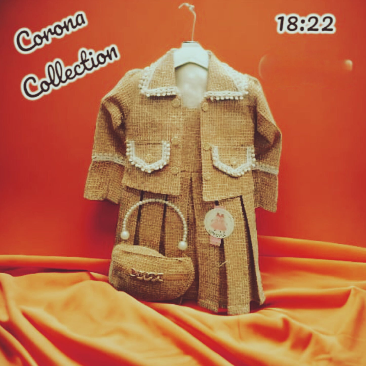 Girls' Stylish Winter Tweed Coat Dress Set Elegant Brown Outfit with Pearl Trim & Matching Handbag Formal & Casual Wear (Size 18:22)