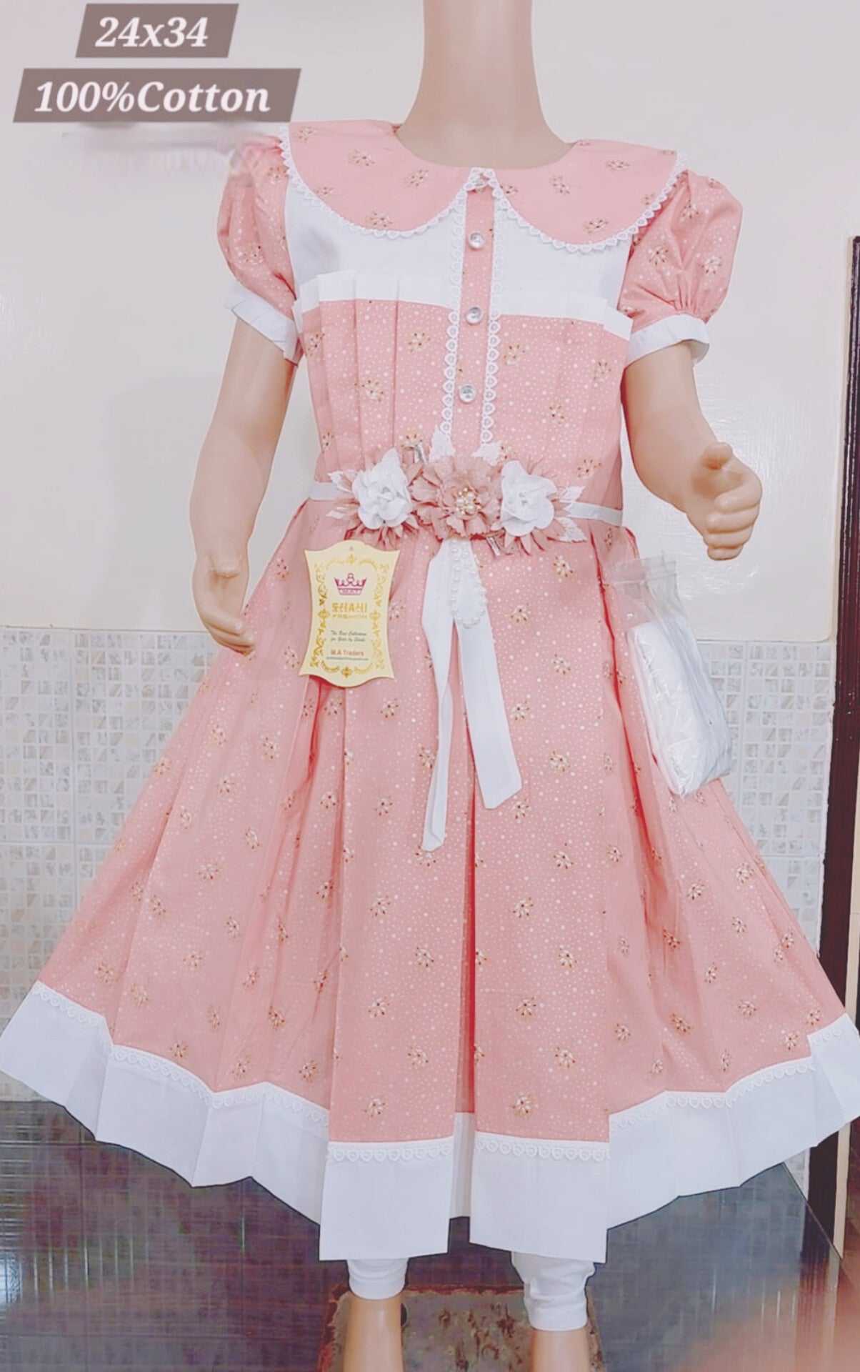 Girls Pink Cotton Frock Dress with Floral Belt 100% Cotton, Puff Sleeves & Lace Detailing | Comfortable Party Wear (Sizes 24x34)