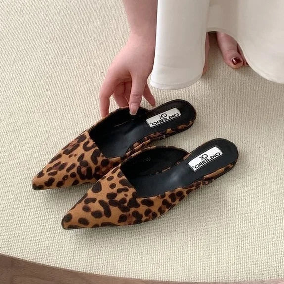 Women Slippers Pointed Toe Leopard Design Shallow Slip on Thin Low Heels Black Flock Design Casual Mules Loafers Black Outdoor