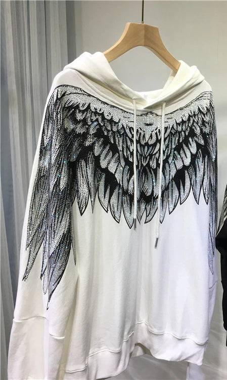 4XL 	Plus Size Women Clothe Rhinestone Both Wing Hooded Sweatshirt Women Men Couple Long Sleeve Black High Street Luxury Hoodies