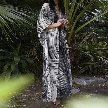 Women's Dress Fashion Beach Vacation Striped Printed Robe 2023 Summer New Casual Vintage Loose Waist V-Neck Long Dresses Female