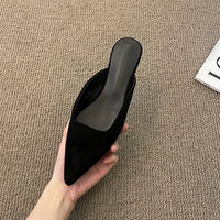 Women Slippers Pointed Toe Leopard Design Shallow Slip on Thin Low Heels Black Flock Design Casual Mules Loafers Black Outdoor