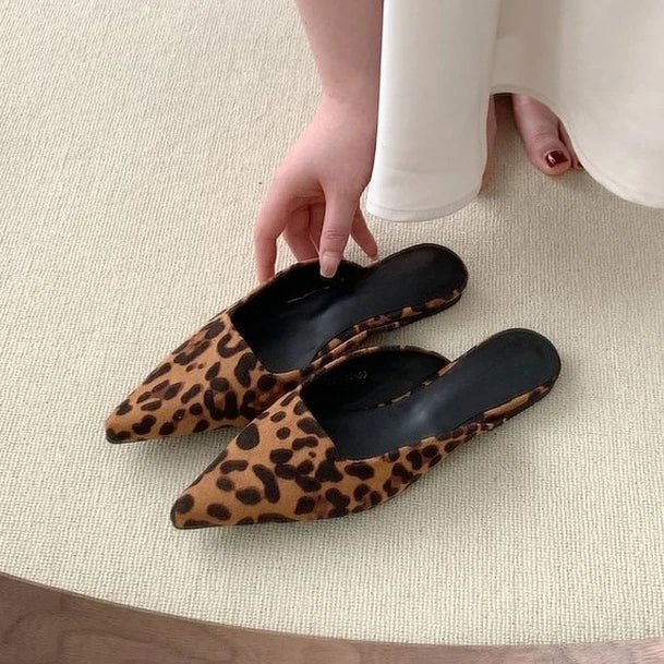 Women Slippers Pointed Toe Leopard Design Shallow Slip on Thin Low Heels Black Flock Design Casual Mules Loafers Black Outdoor