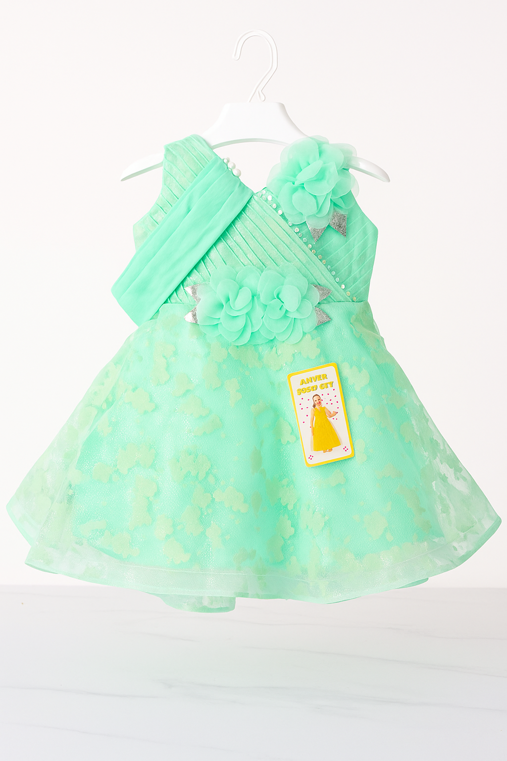 Charming Pink Baby Girl Party Dress with Floral Appliqué, Pearl Accents & Pleated Bodice Elegant Infant & Toddler Occasion Wear