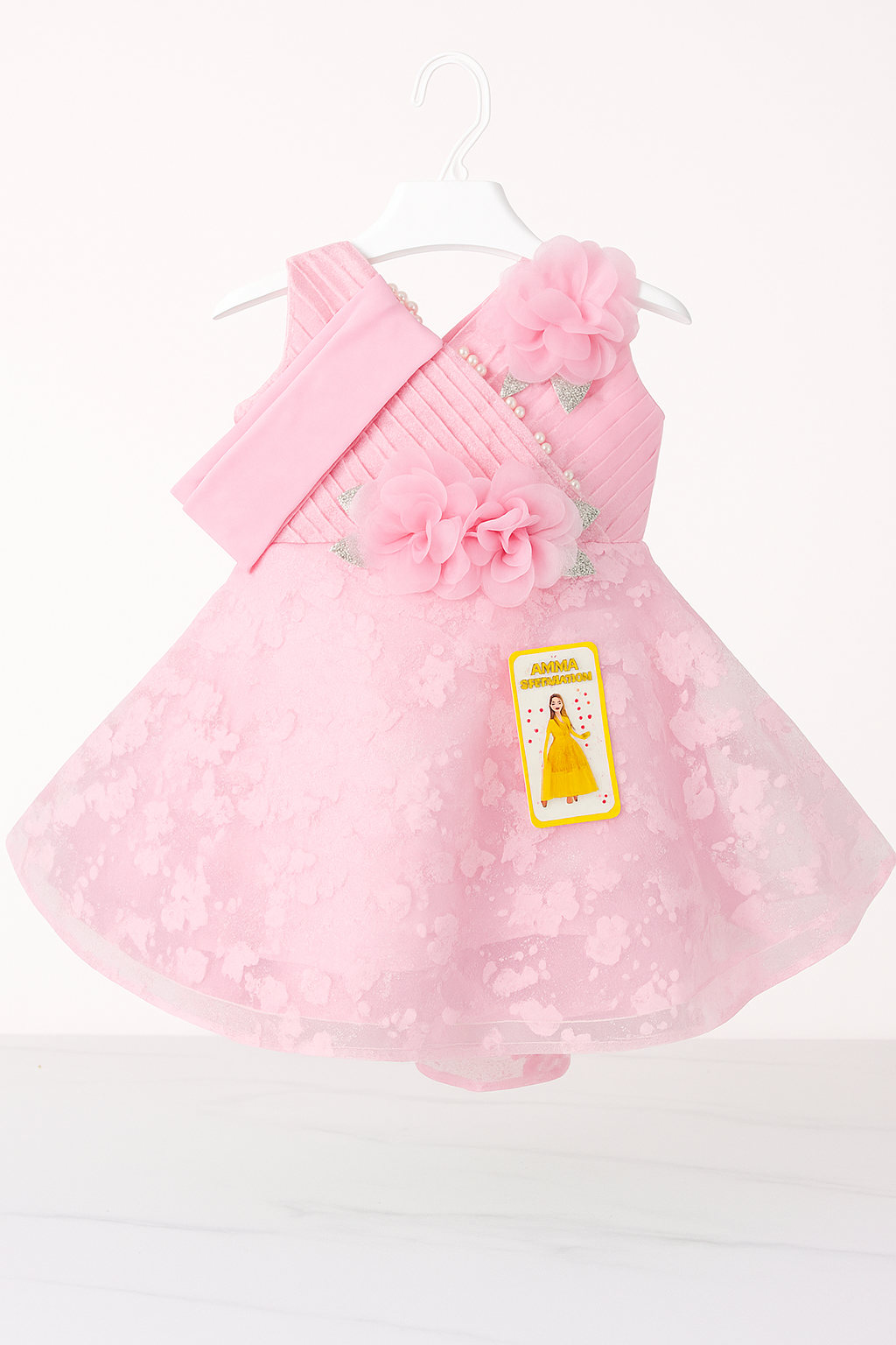 Charming Pink Baby Girl Party Dress with Floral Appliqué, Pearl Accents & Pleated Bodice Elegant Infant & Toddler Occasion Wear